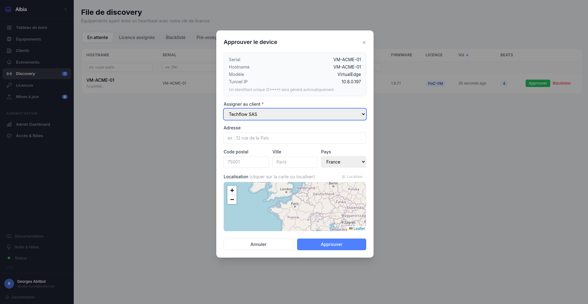 Fenêtre Approuver (client, adresse, carte)